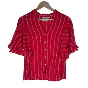 Maeve Anthropologie Womens Blouse XS Red Striped Flutter Sleeve Button Front